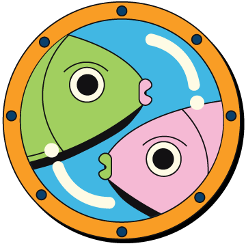 Illustration of fish looking through a port hole window. 