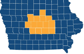 Ilustración de Iowa con los 14 condados en el campo de membresía de la cooperativa de crédito resaltados.