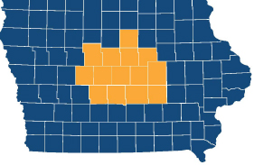 爱荷华州的插图以及信用社会员领域的 14 个县突出显示。