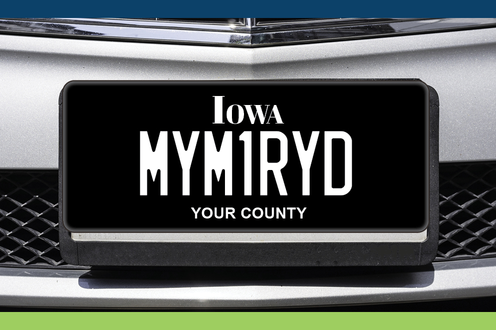 Iowa License plate with the text "MYM1RYD" on it.