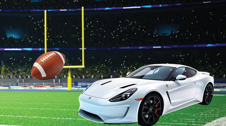 Image of new, nice white car on football field with a football going through the goal posts. 